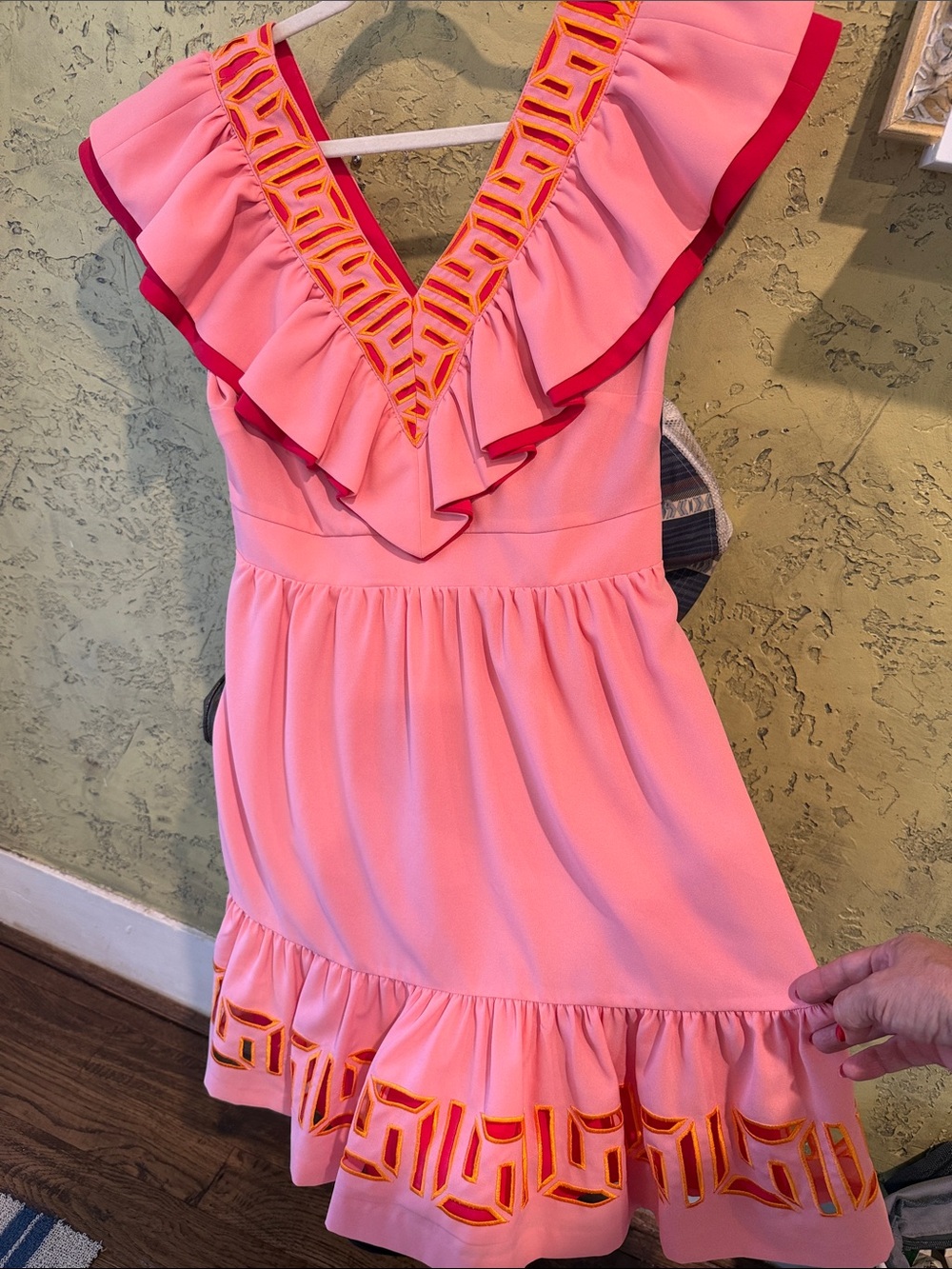 Emily McCarthy Pink Mini Dress with Orange Trim and V-Neck Ruffle